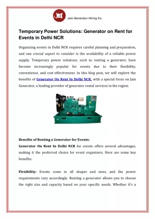 Temporary Power Solutions Generator on Rent for Events in Delhi NCR