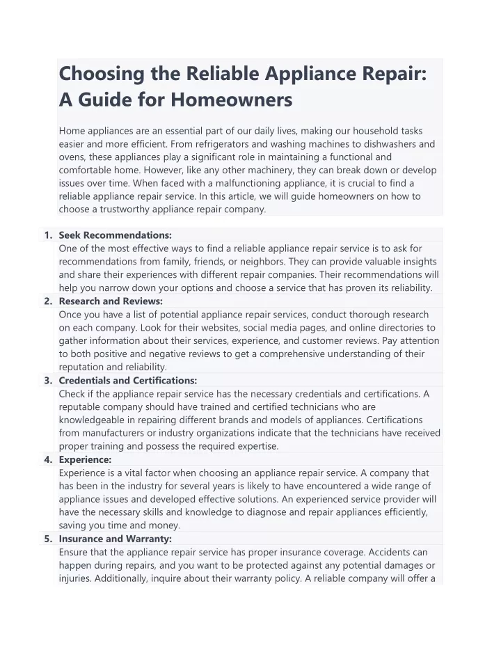 choosing the reliable appliance repair a guide