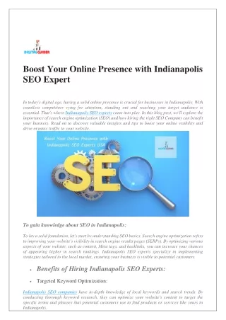 Boost Your Online Presence with Indianapolis SEO Expert Companies