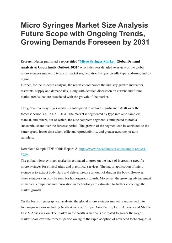 micro syringes market size analysis future scope