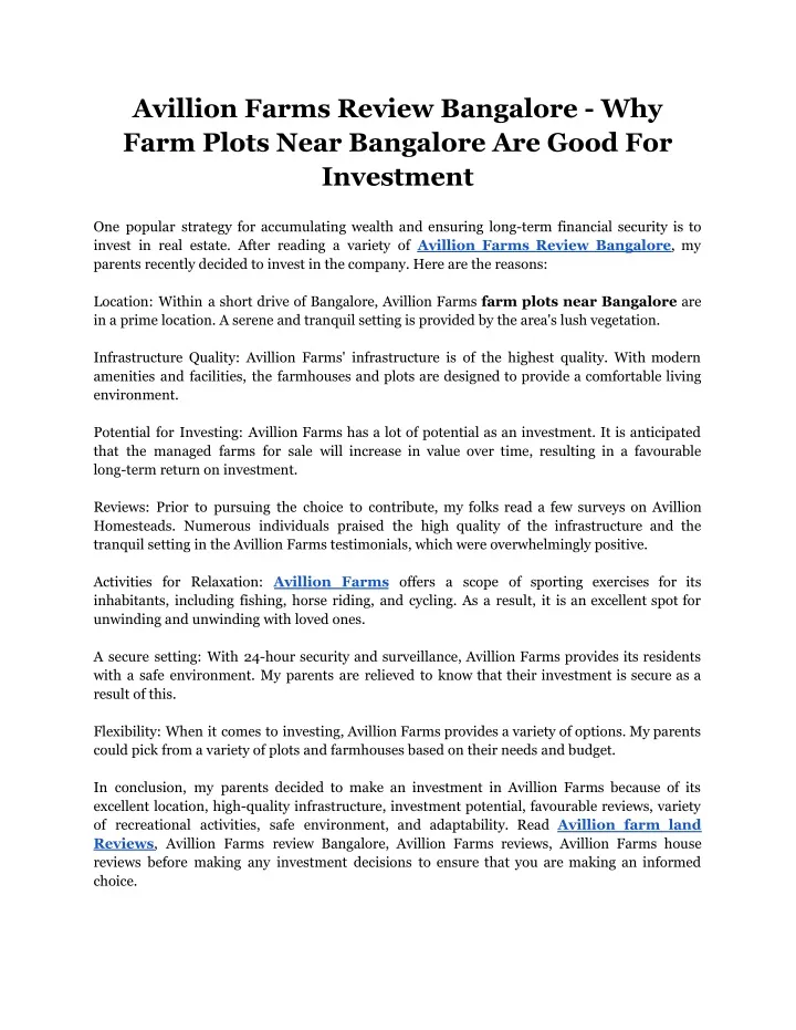 avillion farms review bangalore why farm plots