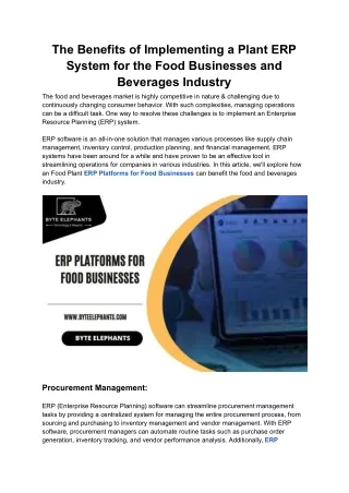The Benefits of Implementing a Plant ERP System for the Food Businesses and Beverages Industry