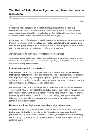 The Role of Solar Power Systems and Manufacturers in Industries