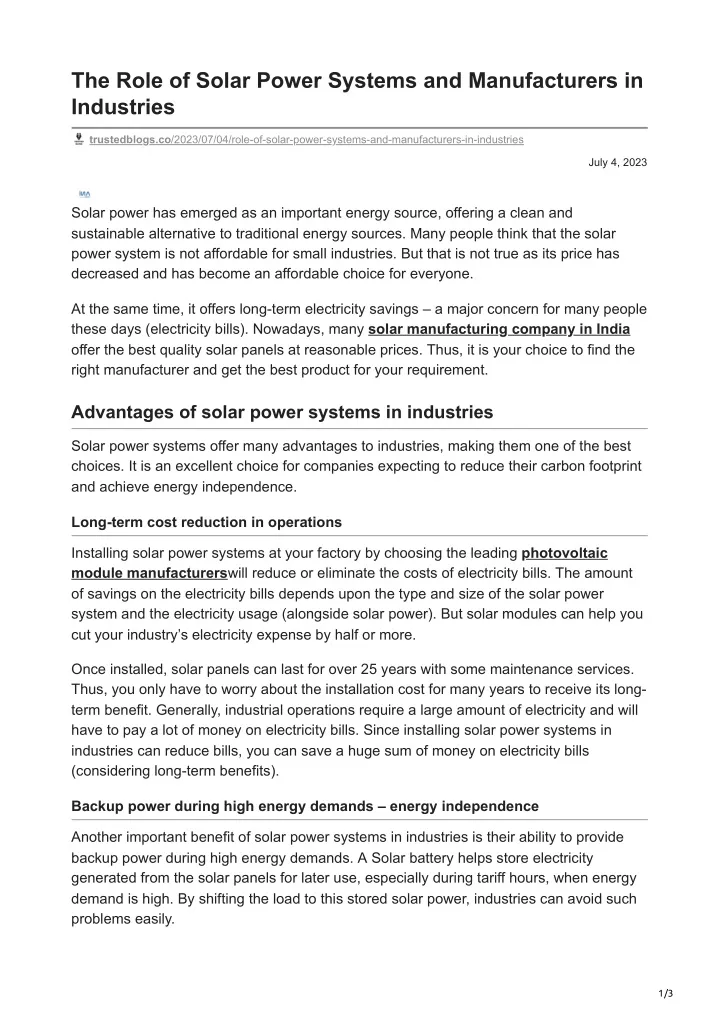 the role of solar power systems and manufacturers