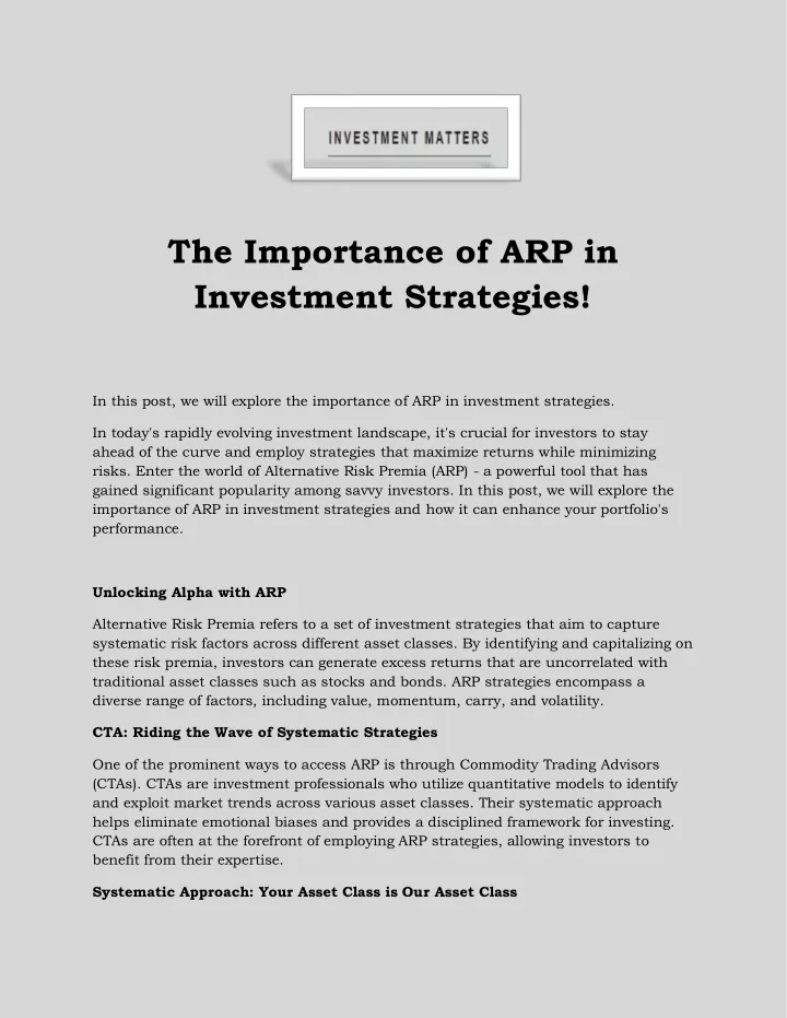 the importance of arp in investment strategies