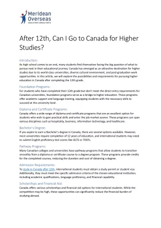 After 12th Can I Go to Canada for Higher Studies