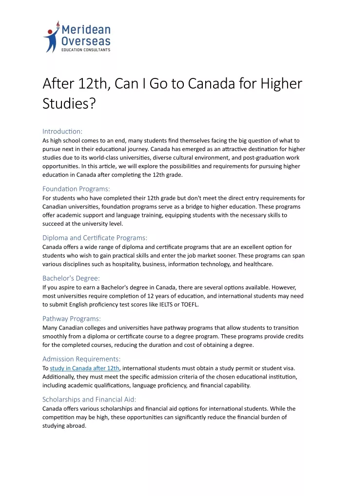 after 12th can i go to canada for higher studies