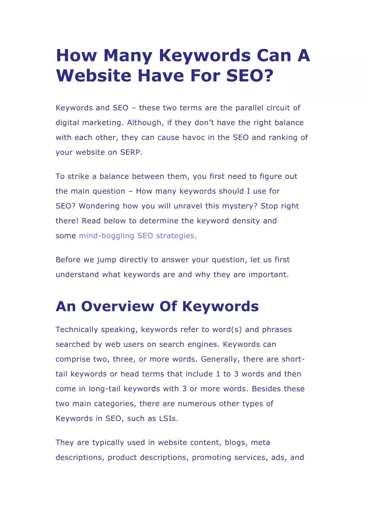 how many keywords can a website have for seo