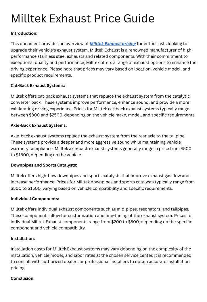 milltek exhaust price guide