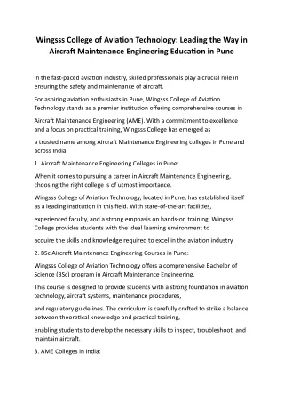 Wingsss College of Aviation Technology: Leading the Way in Aircraft Maintenance