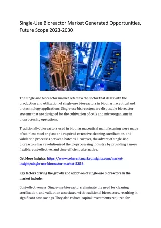 Single-Use Bioreactor Market Generated Opportunities, Future Scope 2023-2030