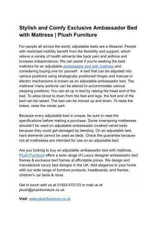 Exclusive Ambassador Bed with Mattress - Plush Furniture