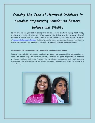 Cracking the Code of Hormonal Imbalance in Females: Empowering Females to Restor