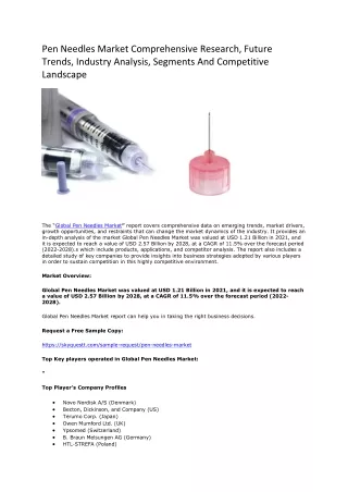 Pen Needles Market Comprehensive Research