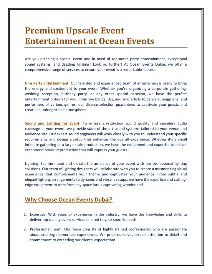 premium upscale event entertainment at ocean