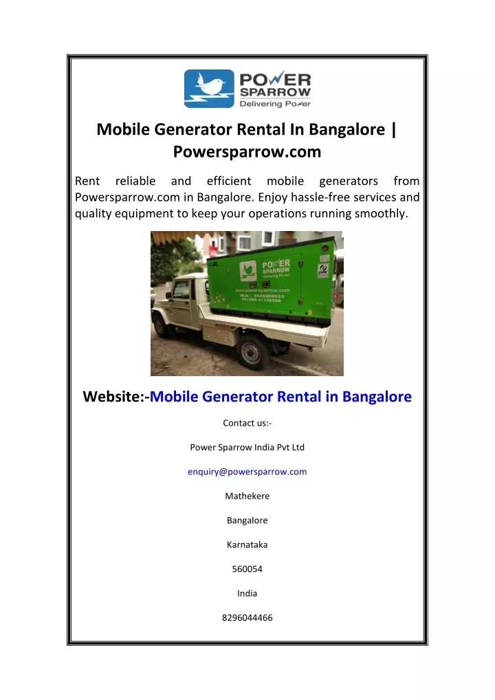 mobile generator rental in bangalore powersparrow