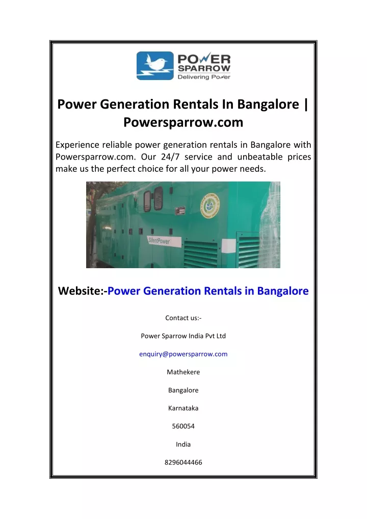 power generation rentals in bangalore