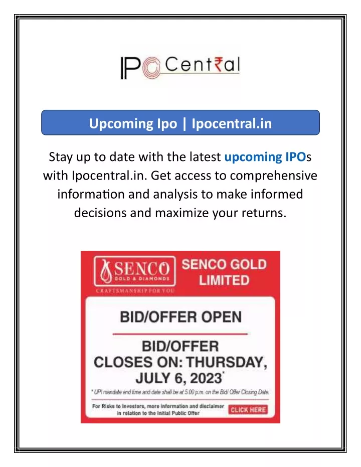 upcoming ipo ipocentral in