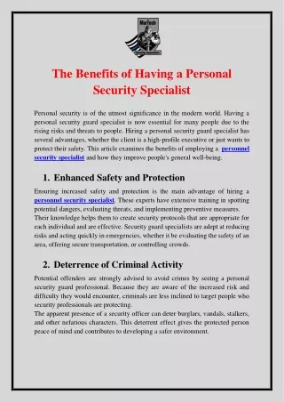 The Benefits of Having a Personal Security Specialist