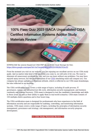 100% Pass Quiz 2023 ISACA Unparalleled CISA: Certified Information Systems Auditor Study Materials Review