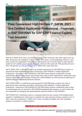 Pass Guaranteed High Hit-Rate P_S4FIN_2021 - Vce Certified Application Professional - Financials in SAP S/4HANA for SAP