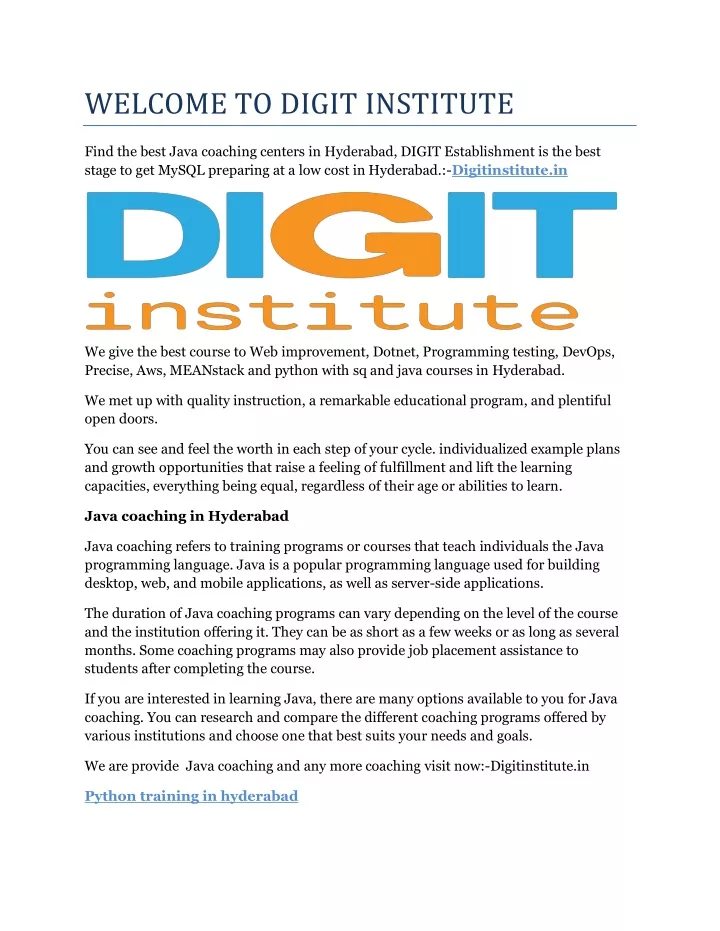 welcome to digit institute