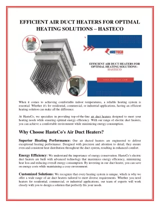 EFFICIENT AIR DUCT HEATERS FOR OPTIMAL HEATING SOLUTIONS