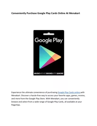 Conveniently Purchase Google Play Cards Online At Menakart