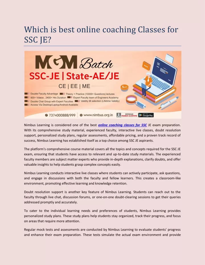 which is best online coaching classes for ssc je