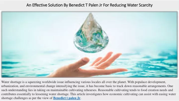 an effective solution by benedict t palen jr for reducing water scarcity