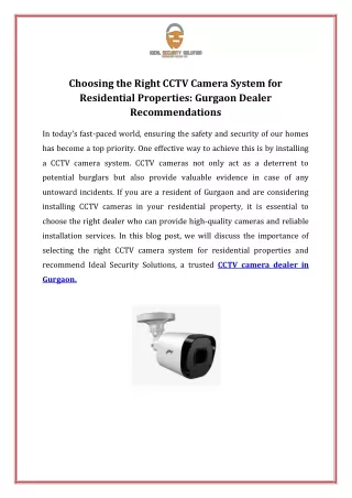 Choosing the Right CCTV Camera System for Residential Properties Gurgaon Dealer Recommendations