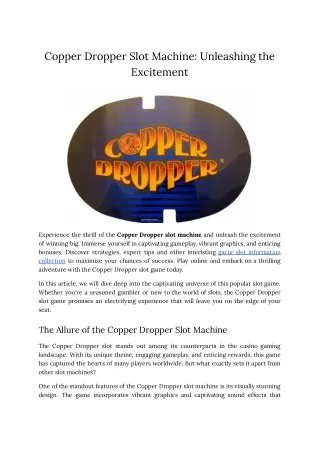 Copper Dropper Slot Machine_ Unleashing the Excitement