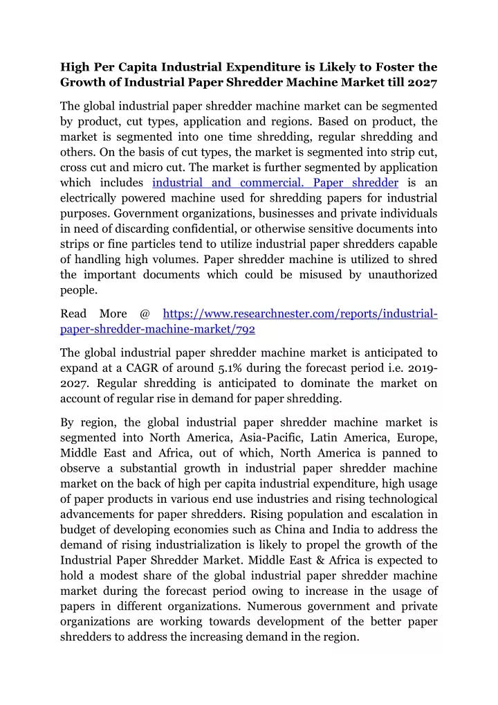 high per capita industrial expenditure is likely