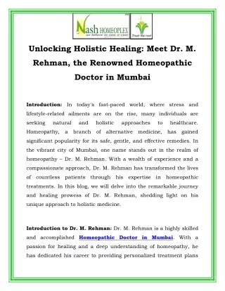 Unlocking Holistic Healing Meet Dr. M. Rehman, the Renowned Homeopathic Doctor in Mumbai