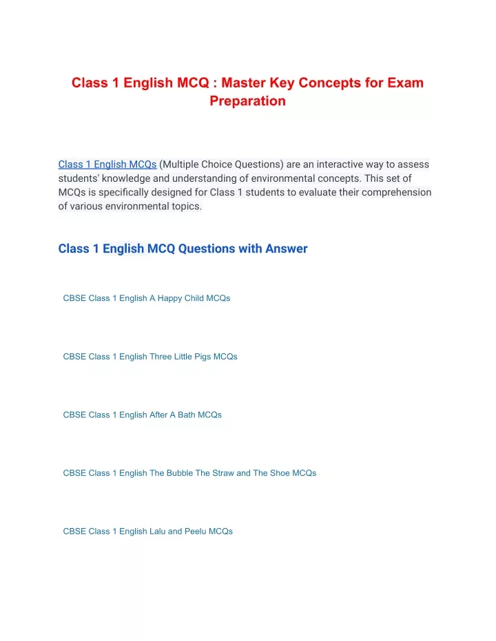 class 1 english mcq master key concepts for exam