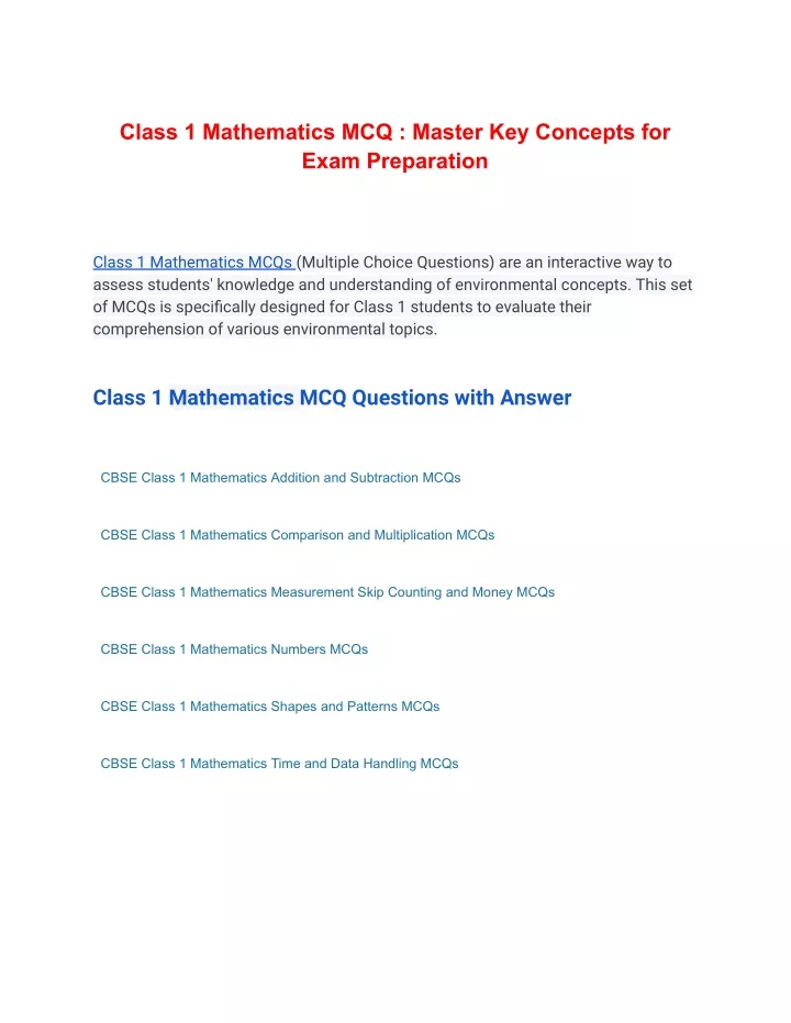 class 1 mathematics mcq master key concepts