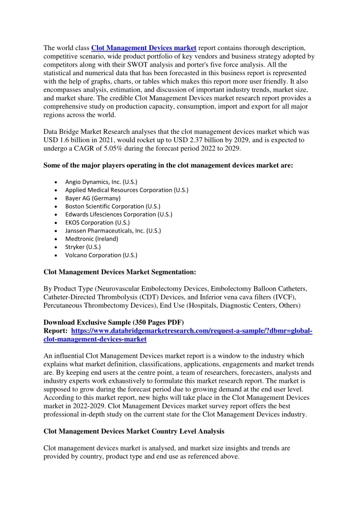 the world class clot management devices market