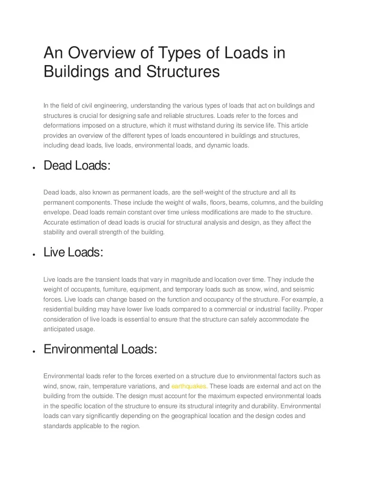 an overview of types of loads in buildings