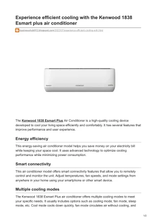 Experience efficient cooling with the Kenwood 1838 Esmart plus air conditioner