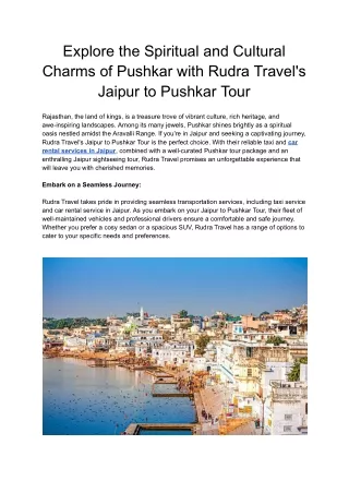 Explore the Spiritual and Cultural Charms of Pushkar with Rudra Travel's Jaipur to Pushkar Tour