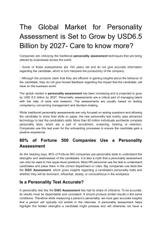 The Global Market for Personality Assessment is Set to Grow by USD6.5 Billion by 2027- Care to know more