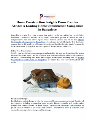 Home Construction Insights From Premier Abodes A Leading Home Construction Companies in Bangalore