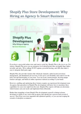 Shopify Plus Store Development: Why Hiring an Agency Is Smart Business