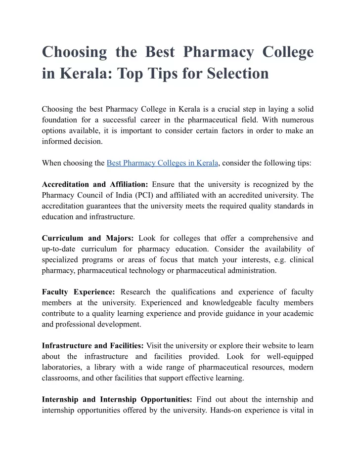 choosing the best pharmacy college in kerala