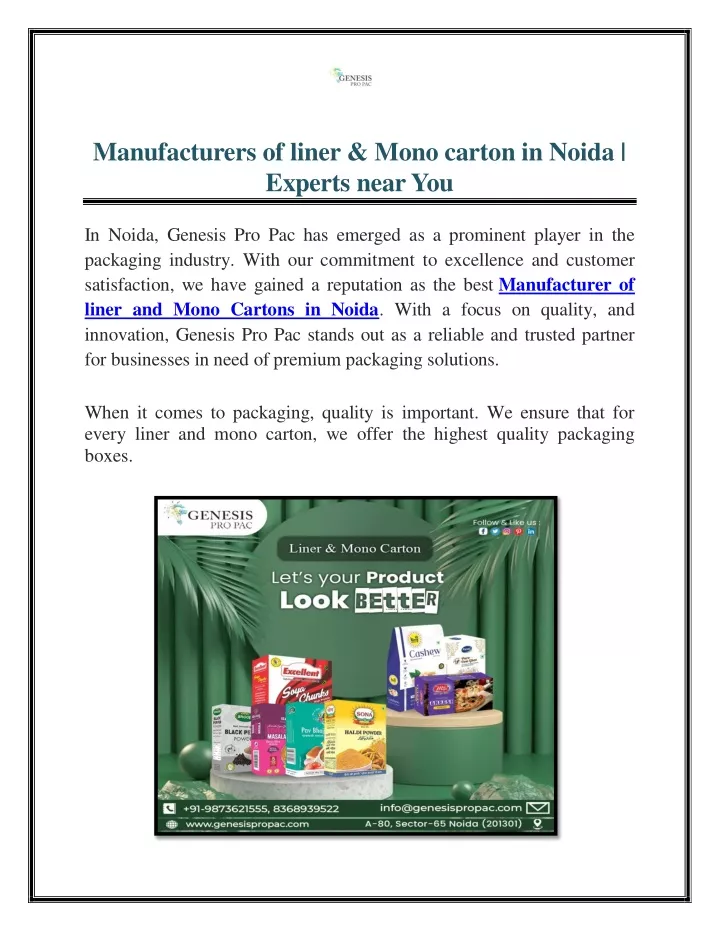 manufacturers of liner mono carton in noida