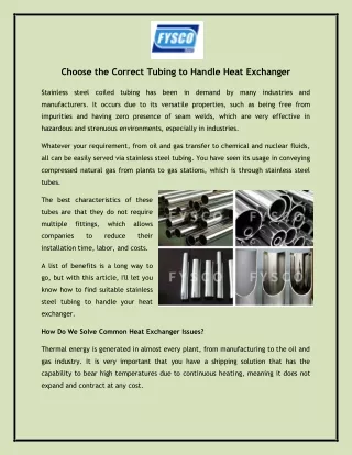 Choose the Correct Tubing to Handle Heat Exchanger