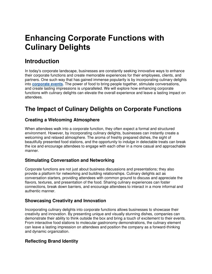 enhancing corporate functions with culinary
