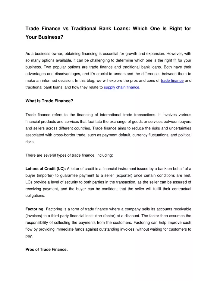 trade finance vs traditional bank loans which