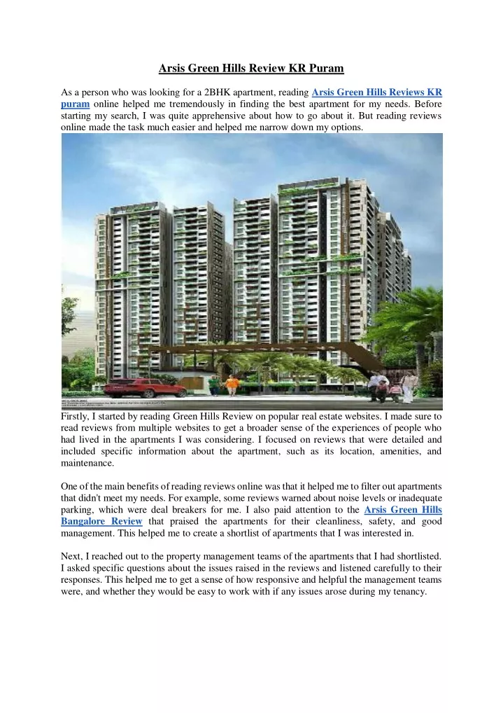 arsis green hills review kr puram