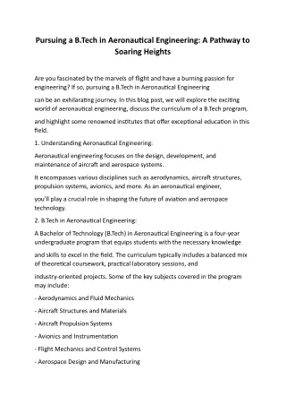 Pursuing a B.Tech in Aeronautical Engineering: A Pathway to Soaring Heights